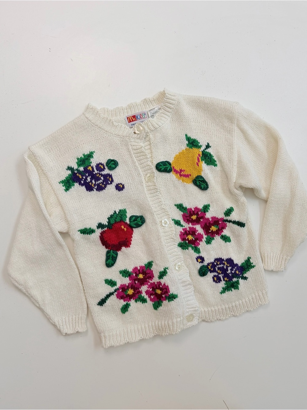 Vintage McKids Cardigan Sweater Knit Floral Fruit Print Flower Buttons 3D Ivory